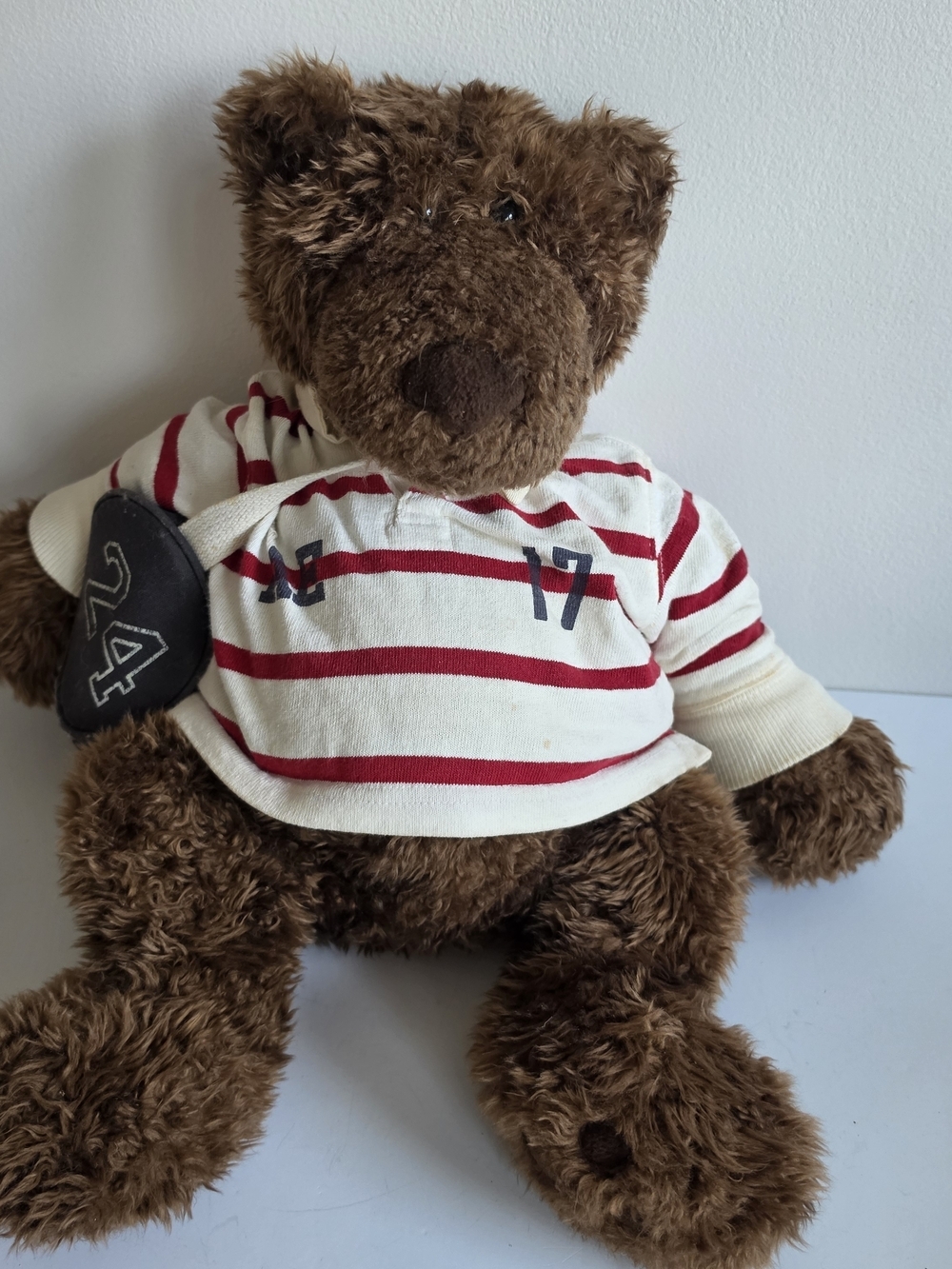 American Eagle Outfitters Brown Teddy Bear in Red & White Striped Rugby Polo